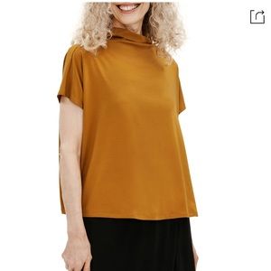 Excellent Condition Eileen Fisher Funnel Neck Fine Jersey Top In Goldenrod